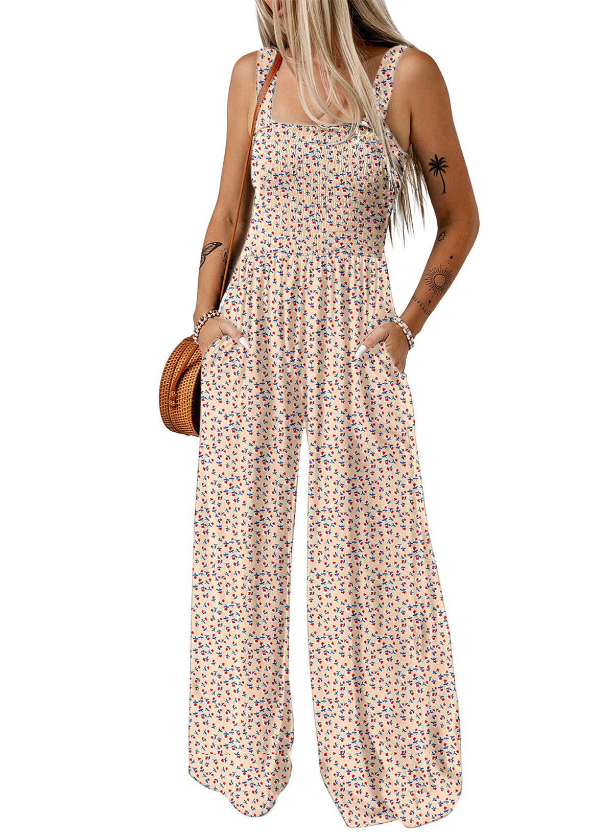 Women's Smocked Jumpsuit Wide Leg Side Pockets