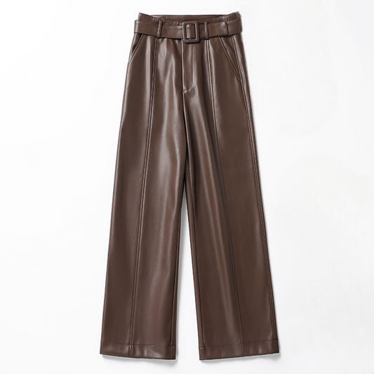 Women's Leather Belted Pants - 
Fashinoza