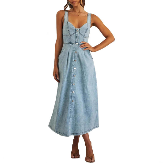 Women's Denim Sleeveless Dress Button Front Blue - Fashinoza