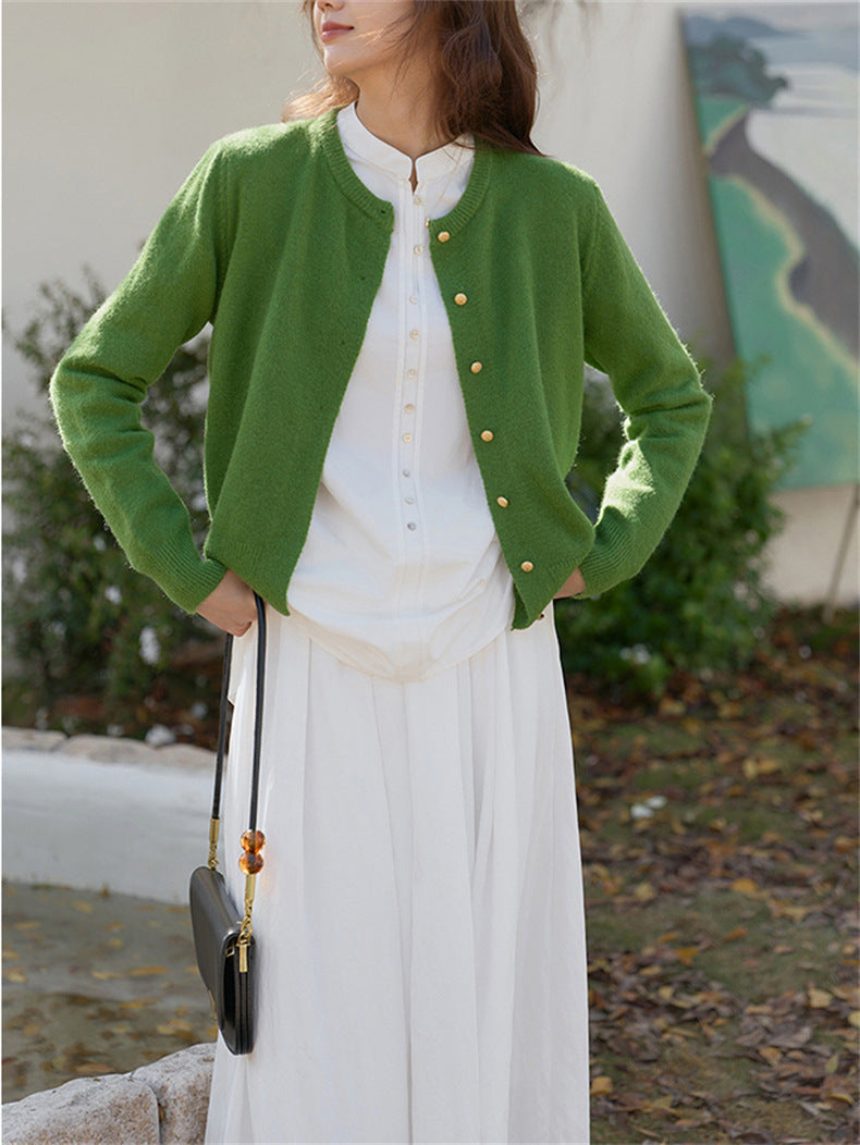 Women's Knitted Cardigan Retro Round Neck Small Gold Button