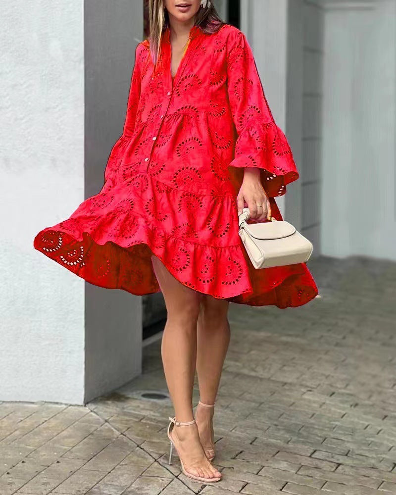Women's Eyelet Mini Dress Bell Sleeves