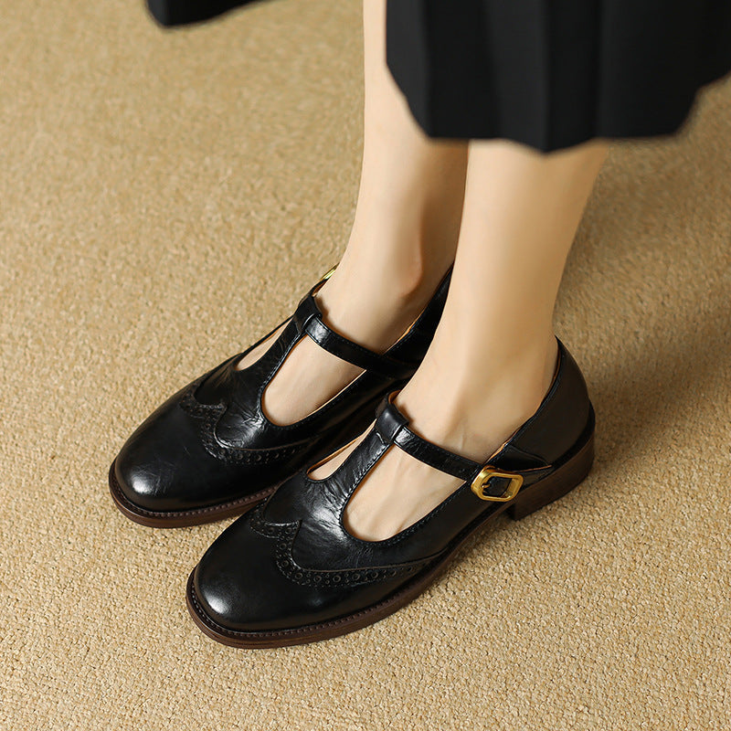 Women's Leather Mary Jane Shoes Low Block Heel