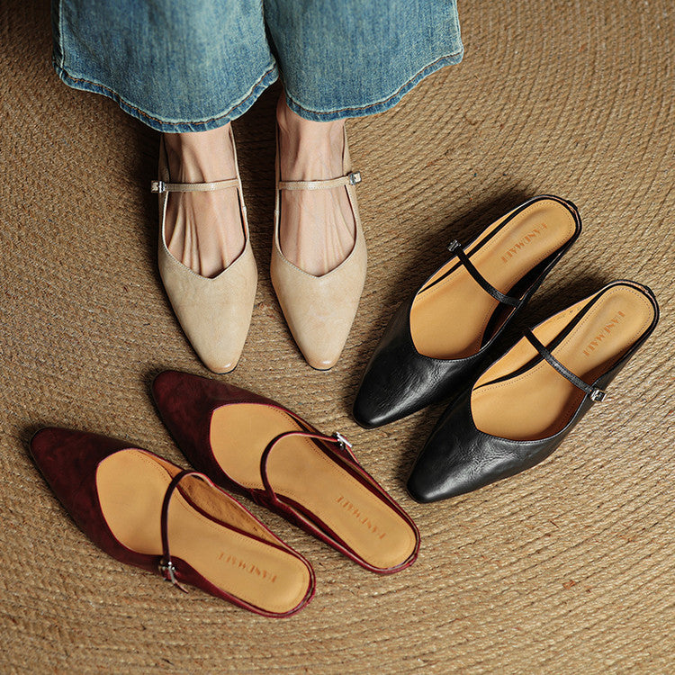 Women's Pointed Toe Mules Single Strap Buckle Black