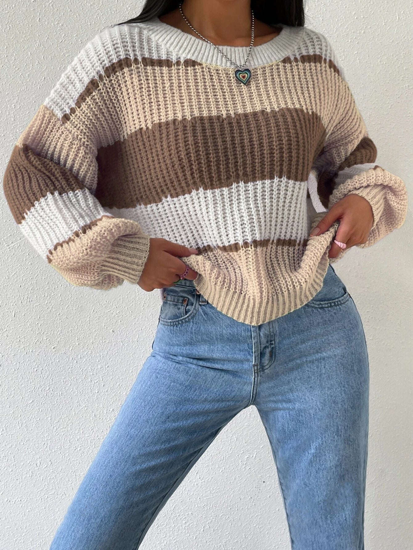 Women's Crew Neck Striped Sweater Long Sleeves Cozy