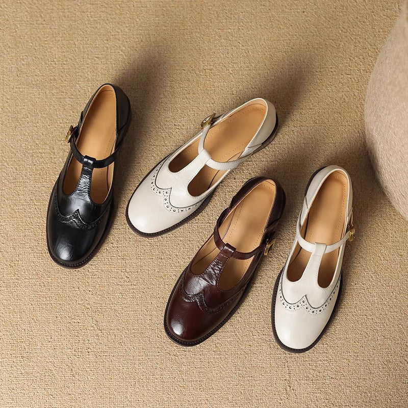 Women's Leather Mary Jane Shoes Low Block Heel