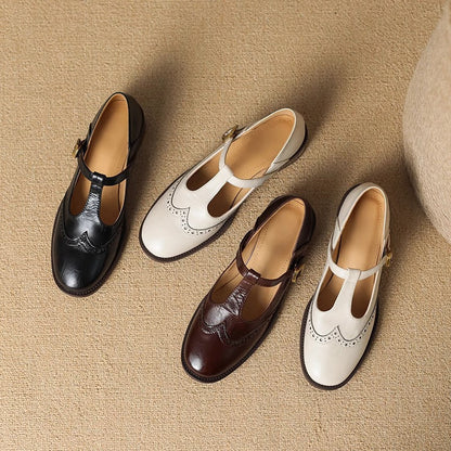 Women's Leather Mary Jane Shoes Low Block Heel