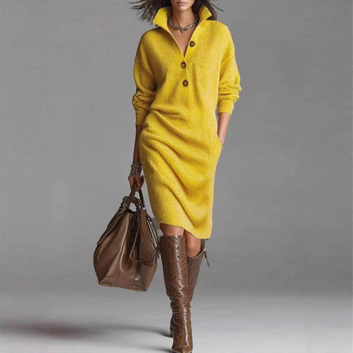 Knit Button-Front Midi Dress
