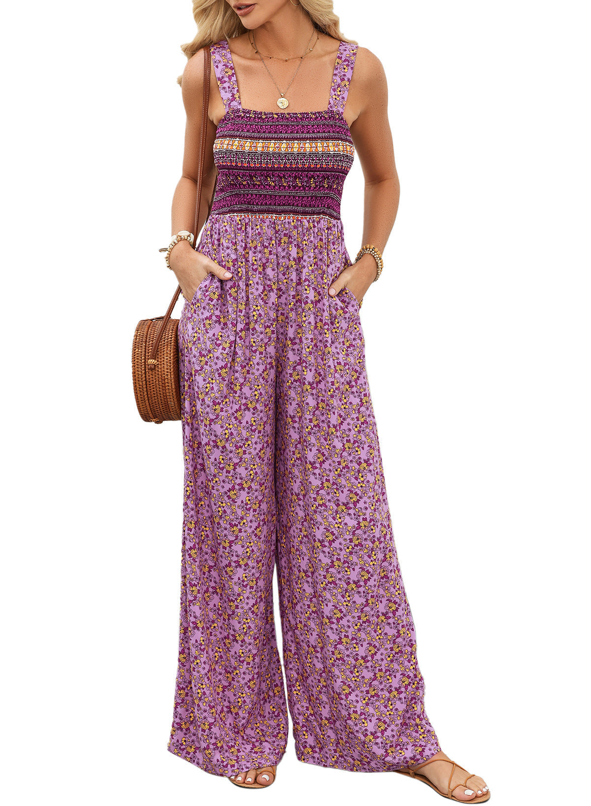 Women's Smocked Jumpsuit Wide Leg Side Pockets