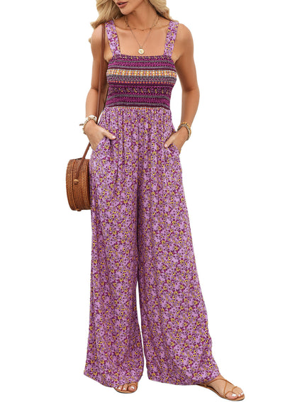 Women's Smocked Jumpsuit Wide Leg Side Pockets