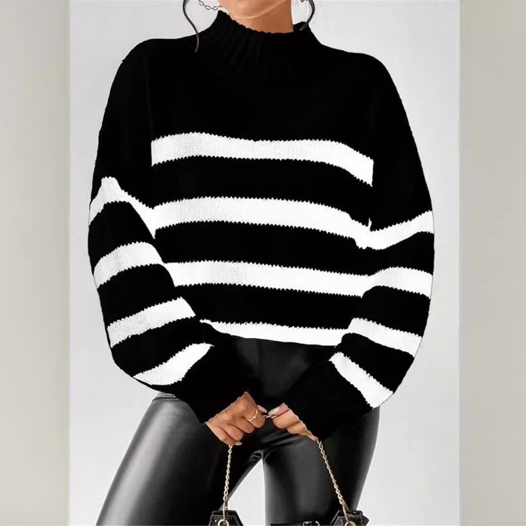 Women's Striped Sweater Ribbed Collar