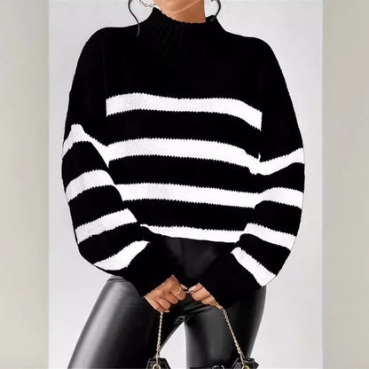 Women's Striped Sweater Ribbed Collar