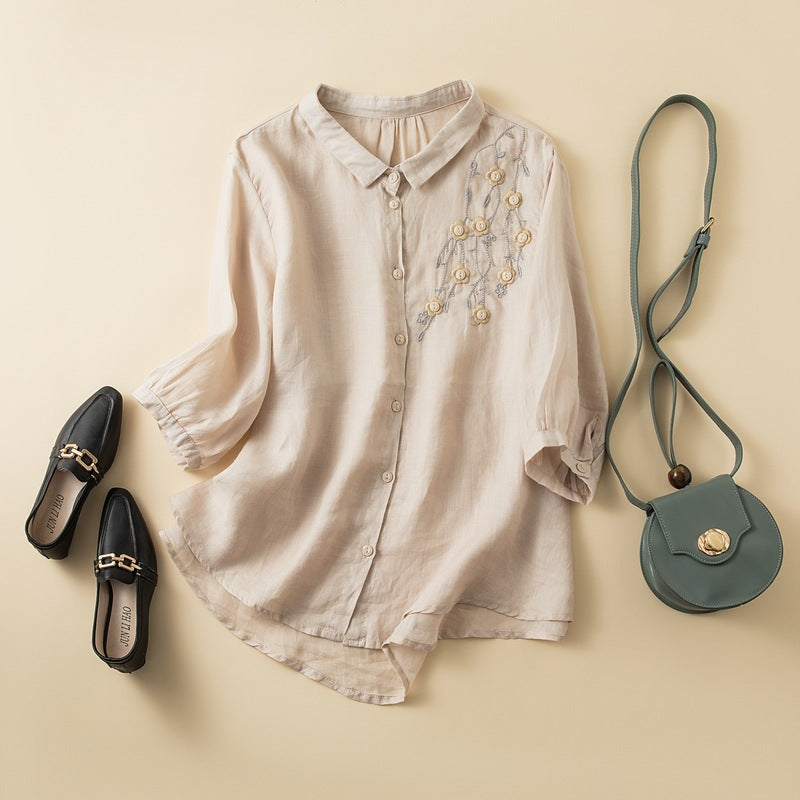 Women's Embroidered Linen Blouse Curved Hem - 
Fashinoza