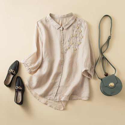 Women's Embroidered Linen Blouse Curved Hem - 
Fashinoza