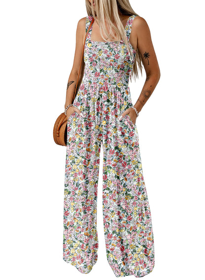 Women's Smocked Jumpsuit Wide Leg Side Pockets