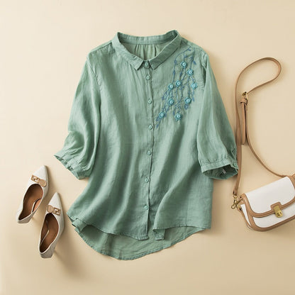 Women's Embroidered Linen Blouse Curved Hem