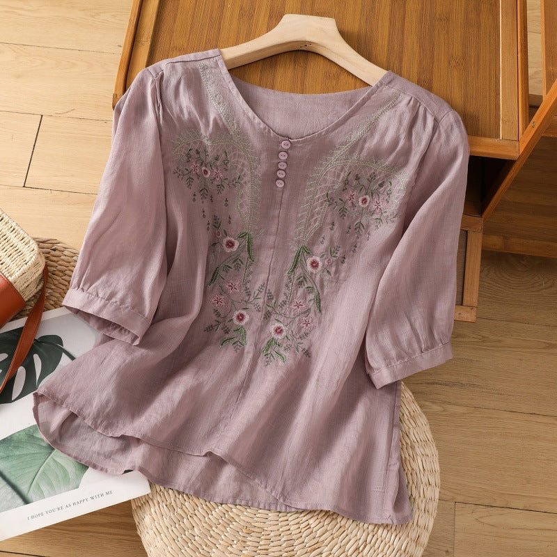 Women's Embroidered Blouse Button Front