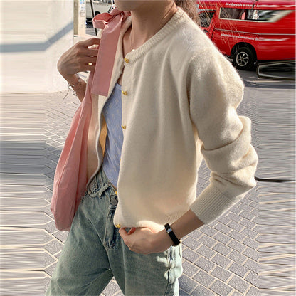 Women's Knitted Cardigan Retro Round Neck Small Gold Button