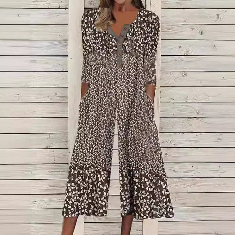 Women's Leaf Print Jumpsuit V-Neck Short Sleeve Wide Leg