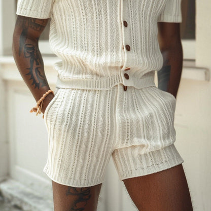 Men's Breathable Knit Shirt And Shorts Set Slim Fit Ribbed Texture