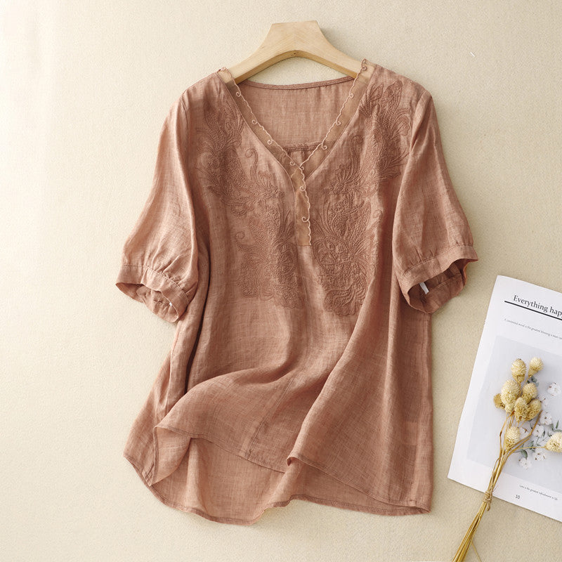 Women's Linen Blend Short Sleeve Blouse Embroidered V-Neck - 
Fashinoza