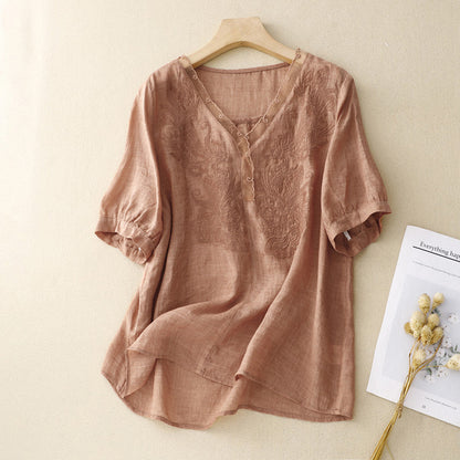 Women's Linen Blend Short Sleeve Blouse Embroidered V-Neck - 
Fashinoza