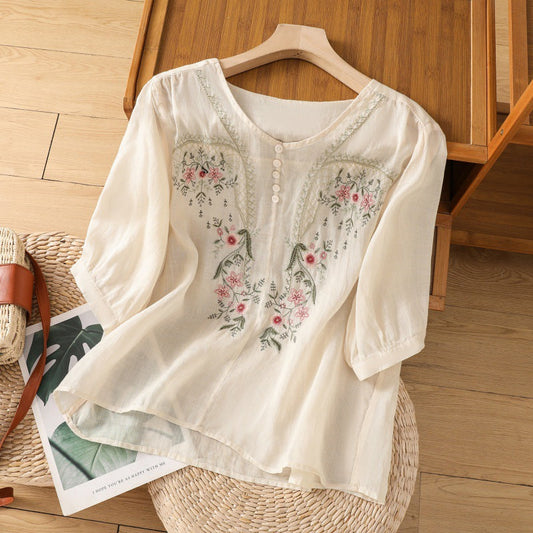 Women's Embroidered Blouse Three-Quarter Sleeves Button Front - 
Fashinoza