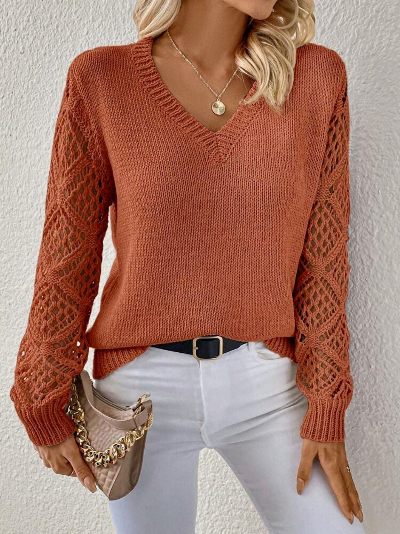 Women's Crochet Sleeve V-Neck Knit Sweater