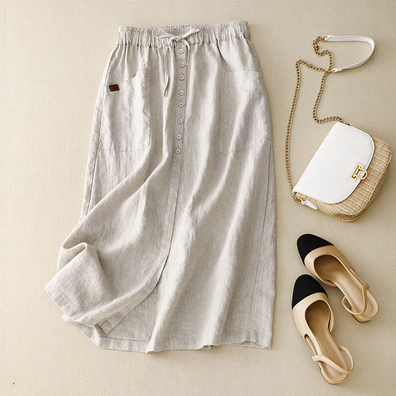 Women's Linen Midi Skirt Button Front Pockets Beige