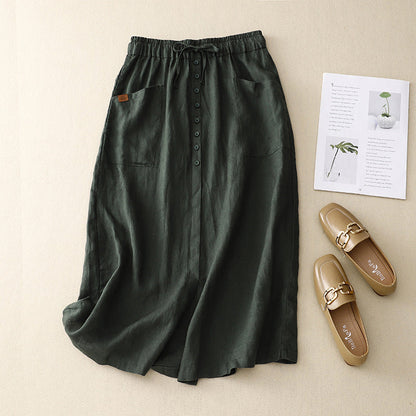 Women's Linen Midi Skirt Button Front Pockets Beige