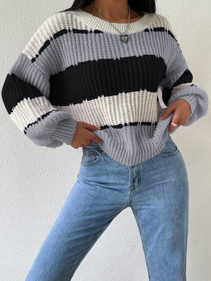 Women's Crew Neck Striped Sweater Long Sleeves Cozy