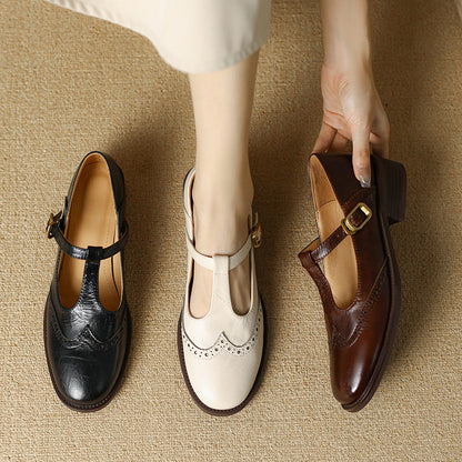 Women's Leather Mary Jane Shoes Low Block Heel