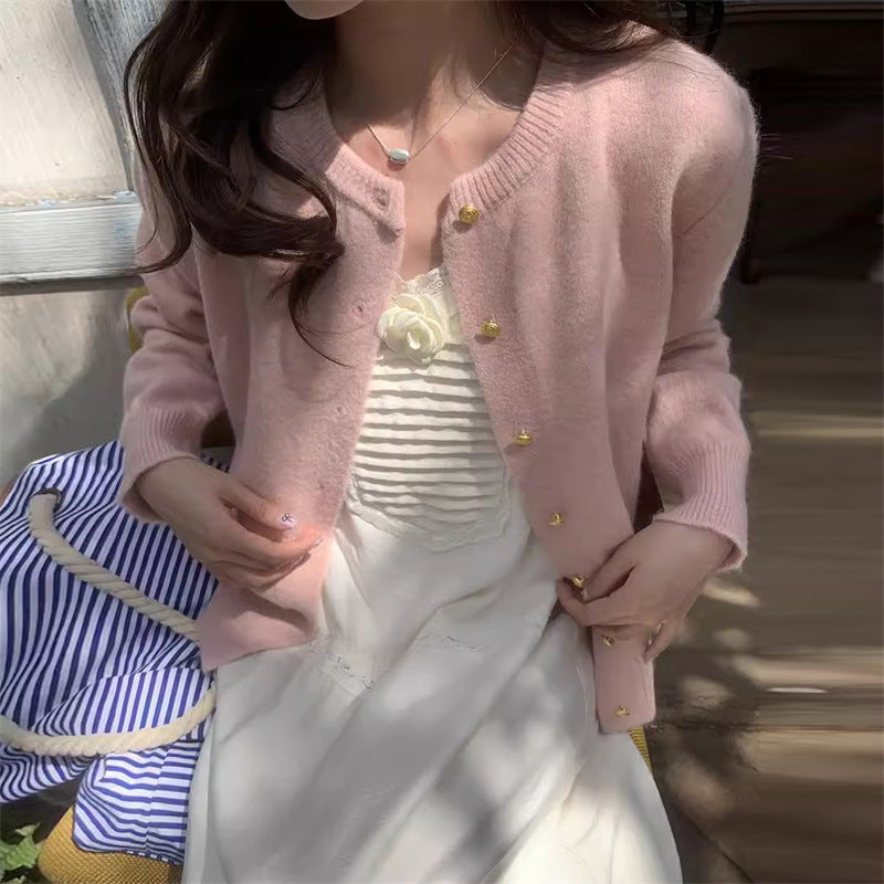 Women's Knitted Cardigan Retro Round Neck Small Gold Button