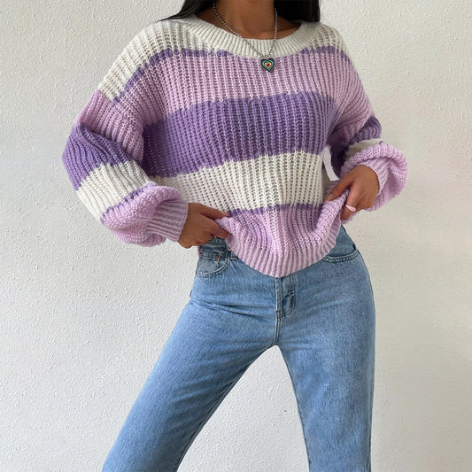 Women's Crew Neck Striped Sweater Long Sleeves Cozy - Fashinoza