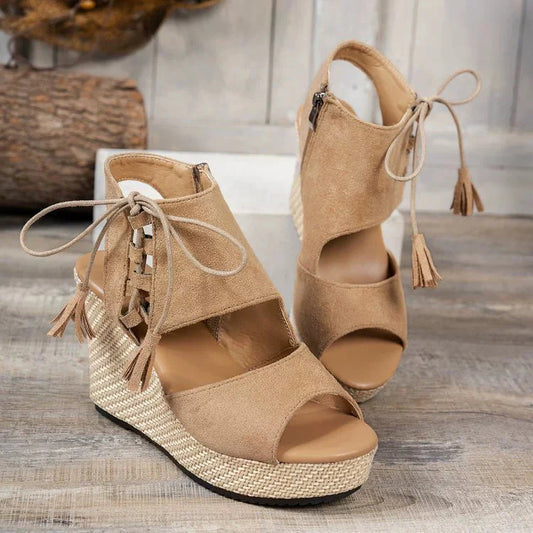 Women's Lace-Up Wedge Sandals Peep-Toe Comfortable - 
Fashinoza