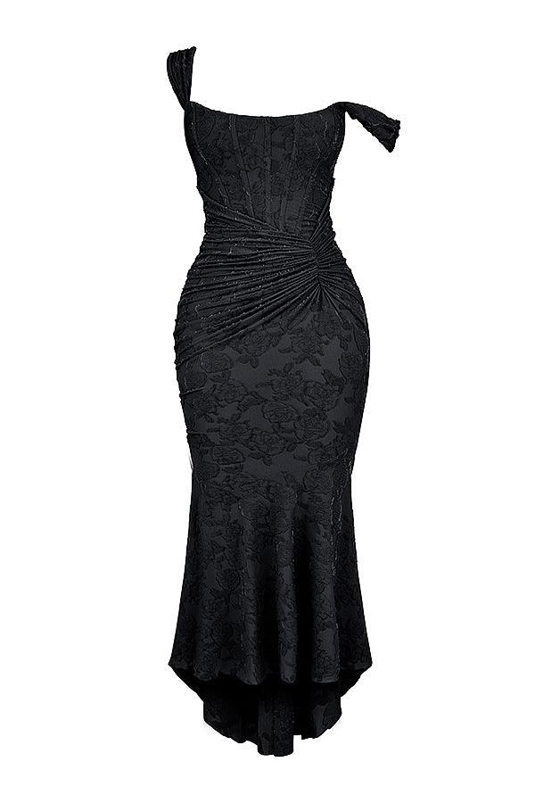 Fitted Square-Neck Black Midi Gown