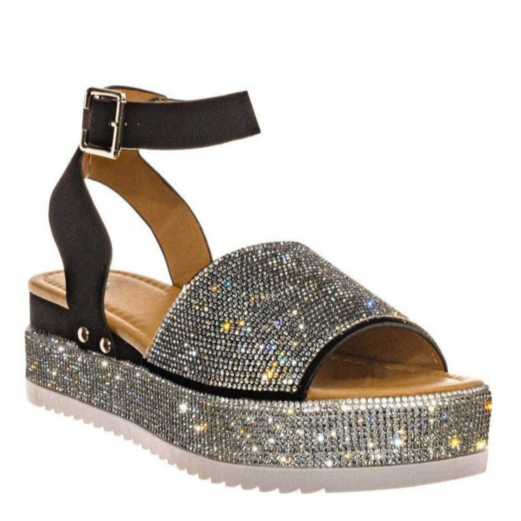 Women's Rhinestone Platform Sandals Chunky Buckle Strap