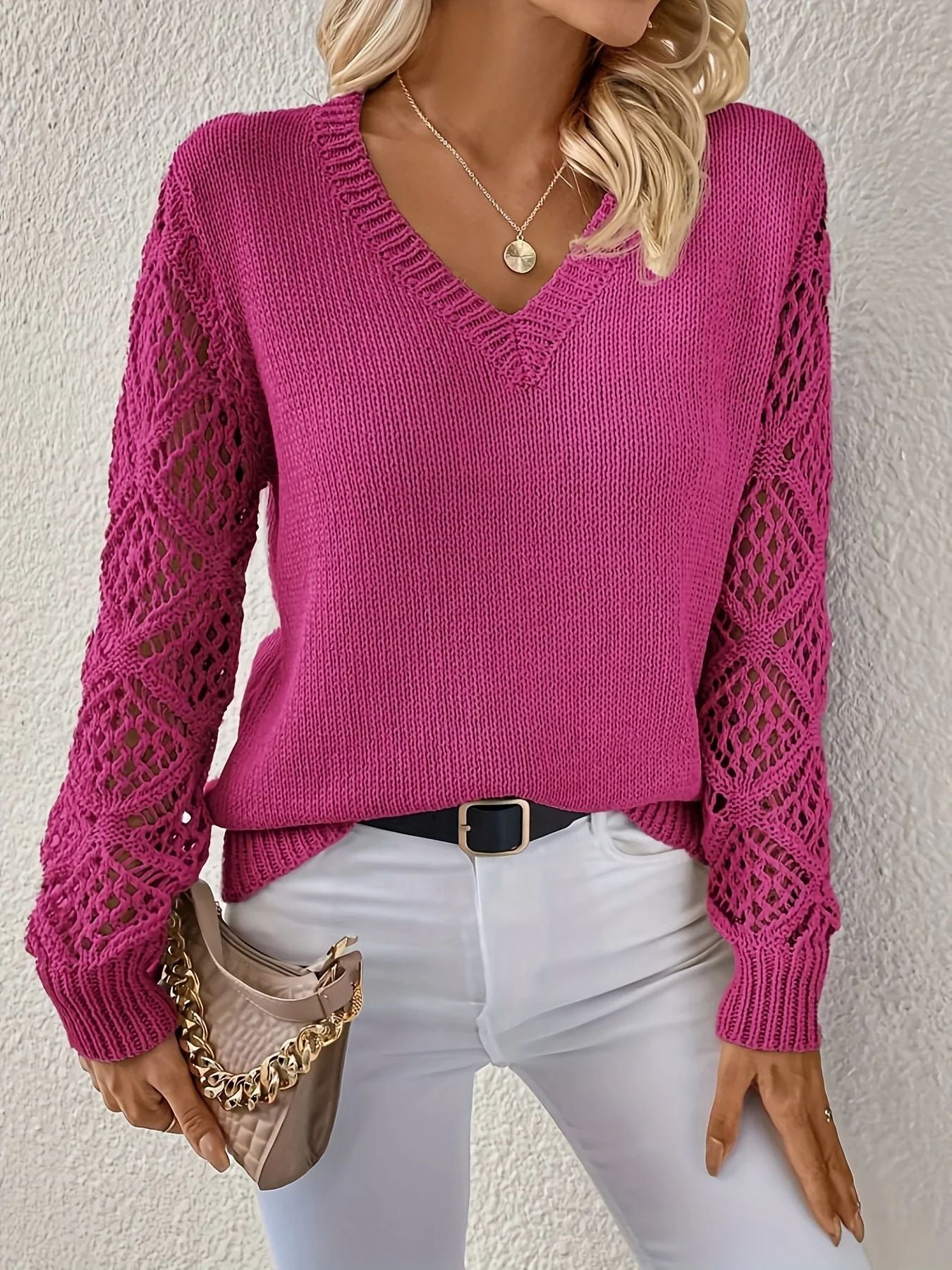 Women's Crochet Sleeve V-Neck Knit Sweater