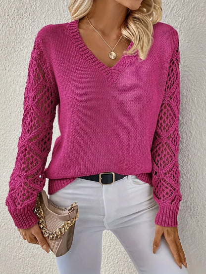 Women's Crochet Sleeve V-Neck Knit Sweater