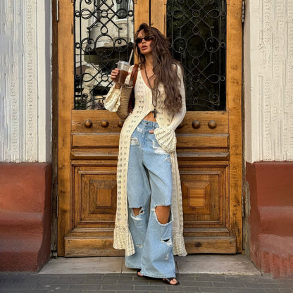 Women's Long Knitted Cardigan Flare Sleeves - Fashinoza