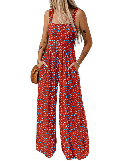 Women's Smocked Jumpsuit Wide Leg Side Pockets