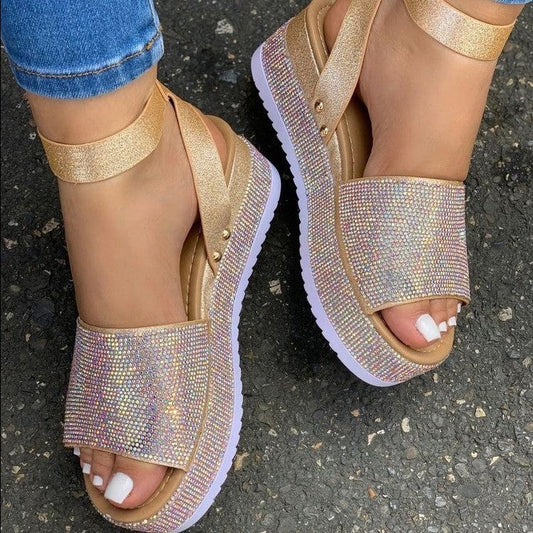 Women's Rhinestone Platform Sandals Chunky Buckle Strap - 
Fashinoza
