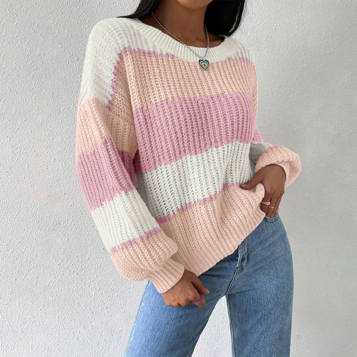 Women's Crew Neck Striped Sweater Long Sleeves Cozy