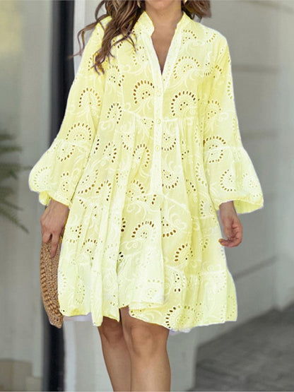 Women's Eyelet Mini Dress Bell Sleeves
