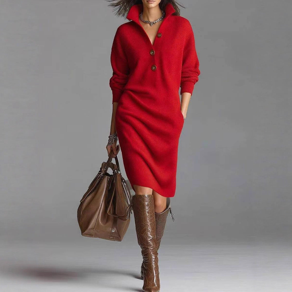 Knit Button-Front Midi Dress