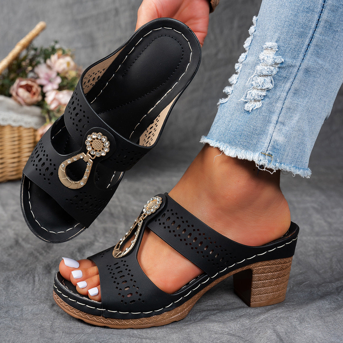 Women's Orthopedic Rhinestone Flat Sandals - Fashinoza