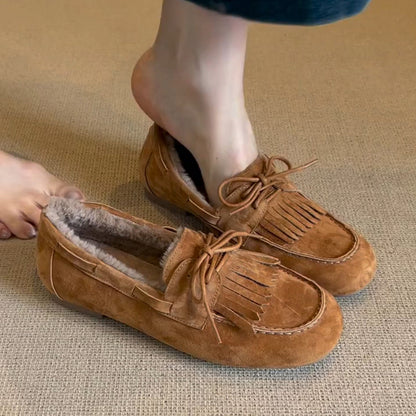 Women's Fringe Loafers Warm Lined Comfortable Classic - 
Fashinoza