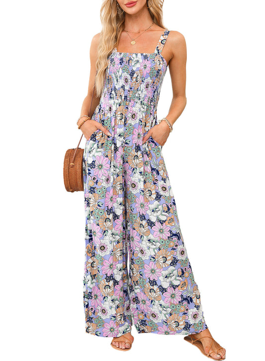 Women's Smocked Jumpsuit Wide Leg Side Pockets - 
Fashinoza