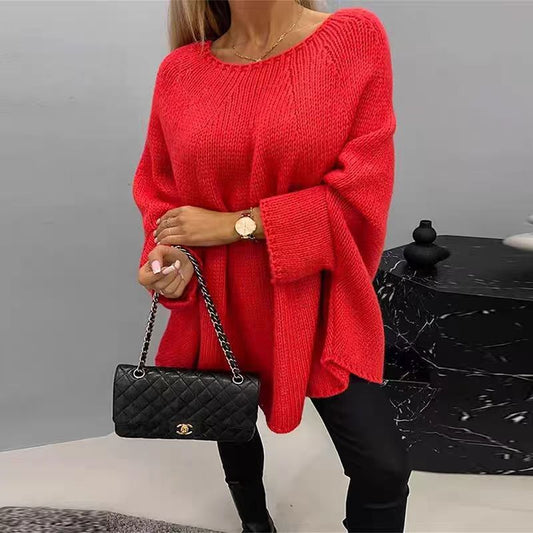 Women's Oversized Knit Sweater Batwing Sleeves Relaxed Fit - Fashinoza