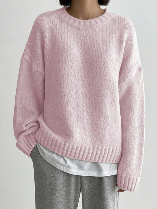 Women's Oversized Knit Sweater Crew Neck Ribbed Trim - Fashinoza