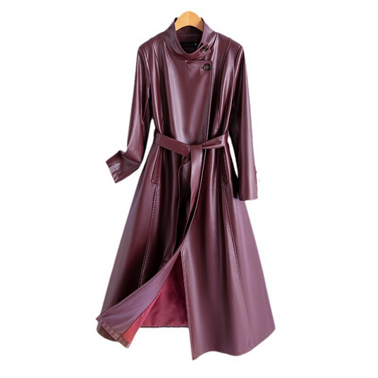 Women's Leather Wrap Coat - 
Fashinoza
